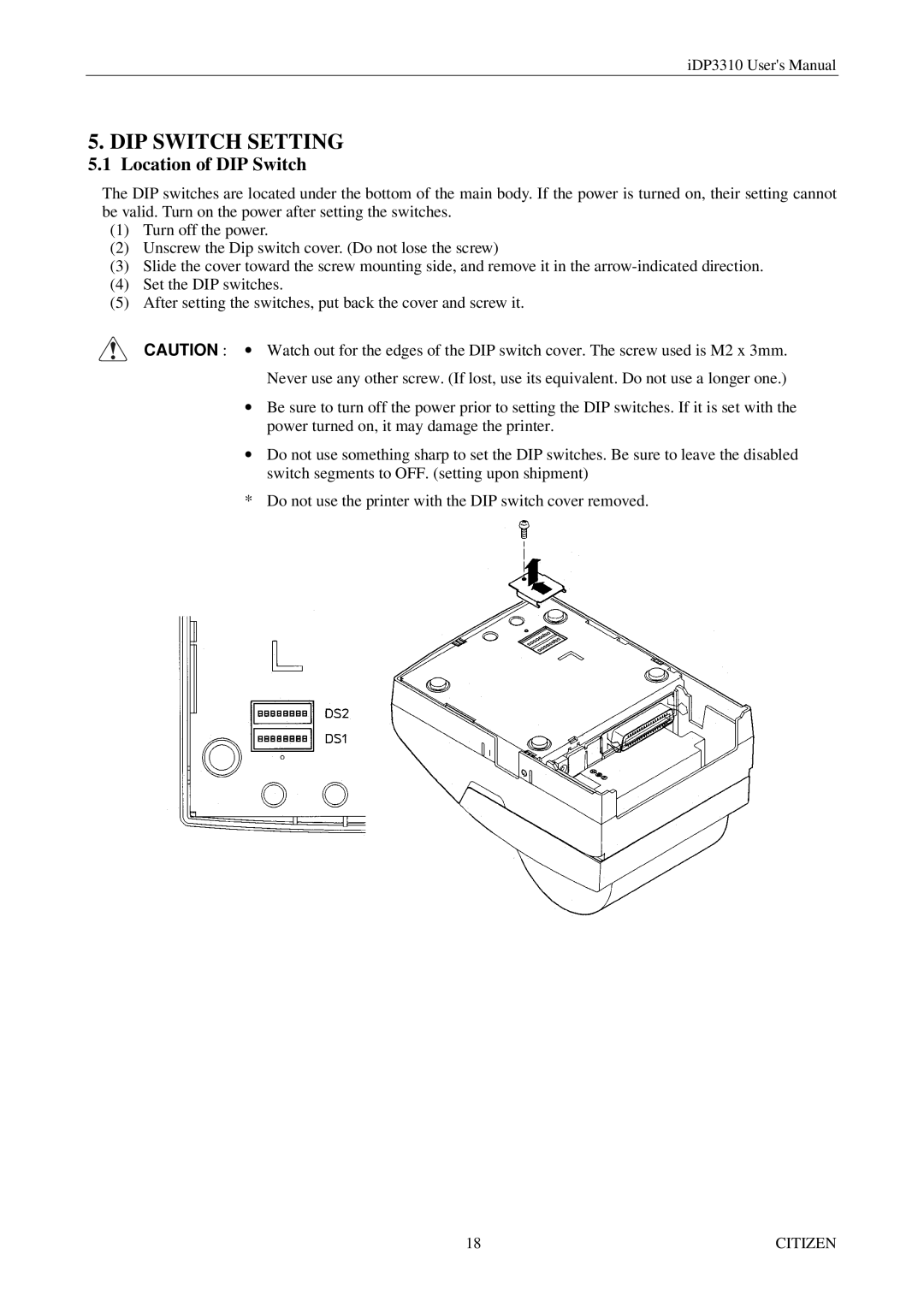 Citizen iDP3310 manual DIP Switch Setting, Location of DIP Switch 