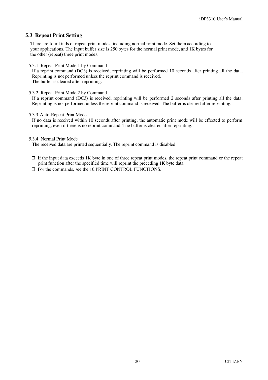 Citizen iDP3310 manual Repeat Print Setting 