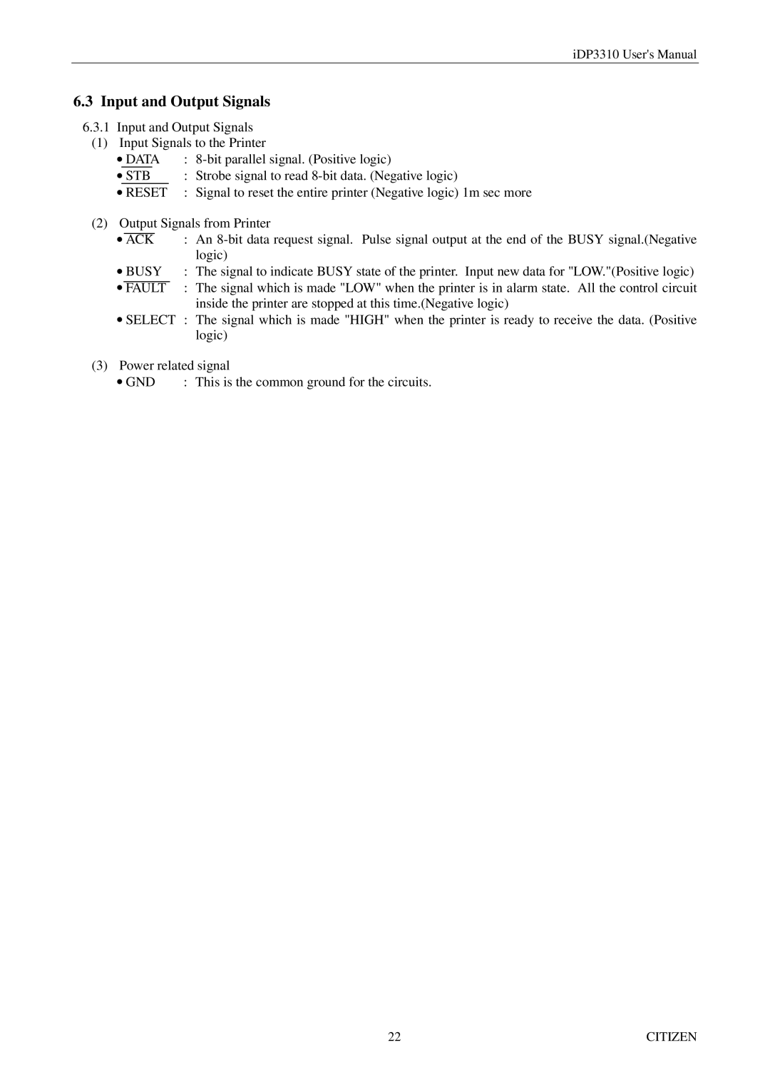 Citizen iDP3310 manual Input and Output Signals, ∙ Stb 