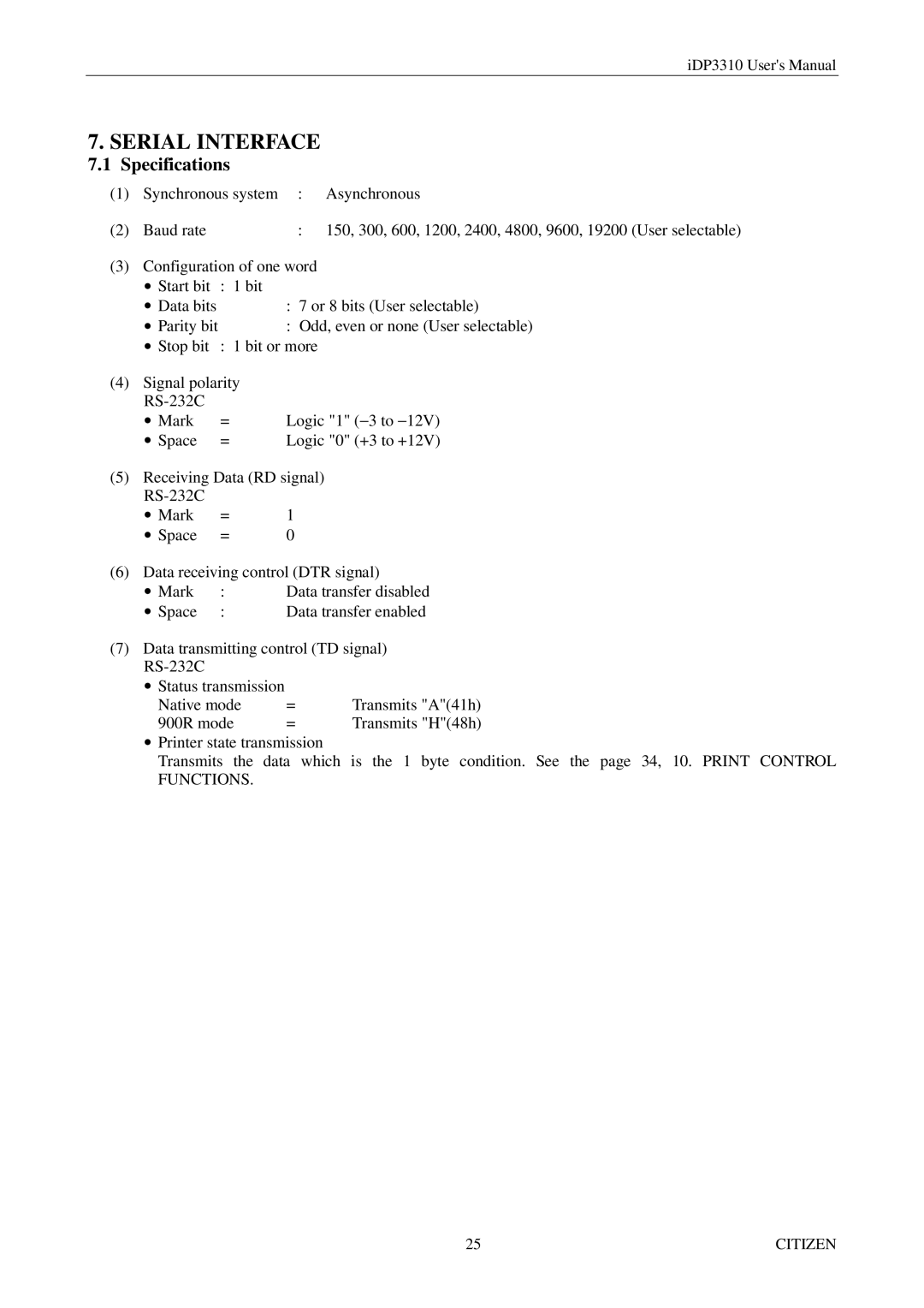 Citizen iDP3310 manual Serial Interface, Specifications 