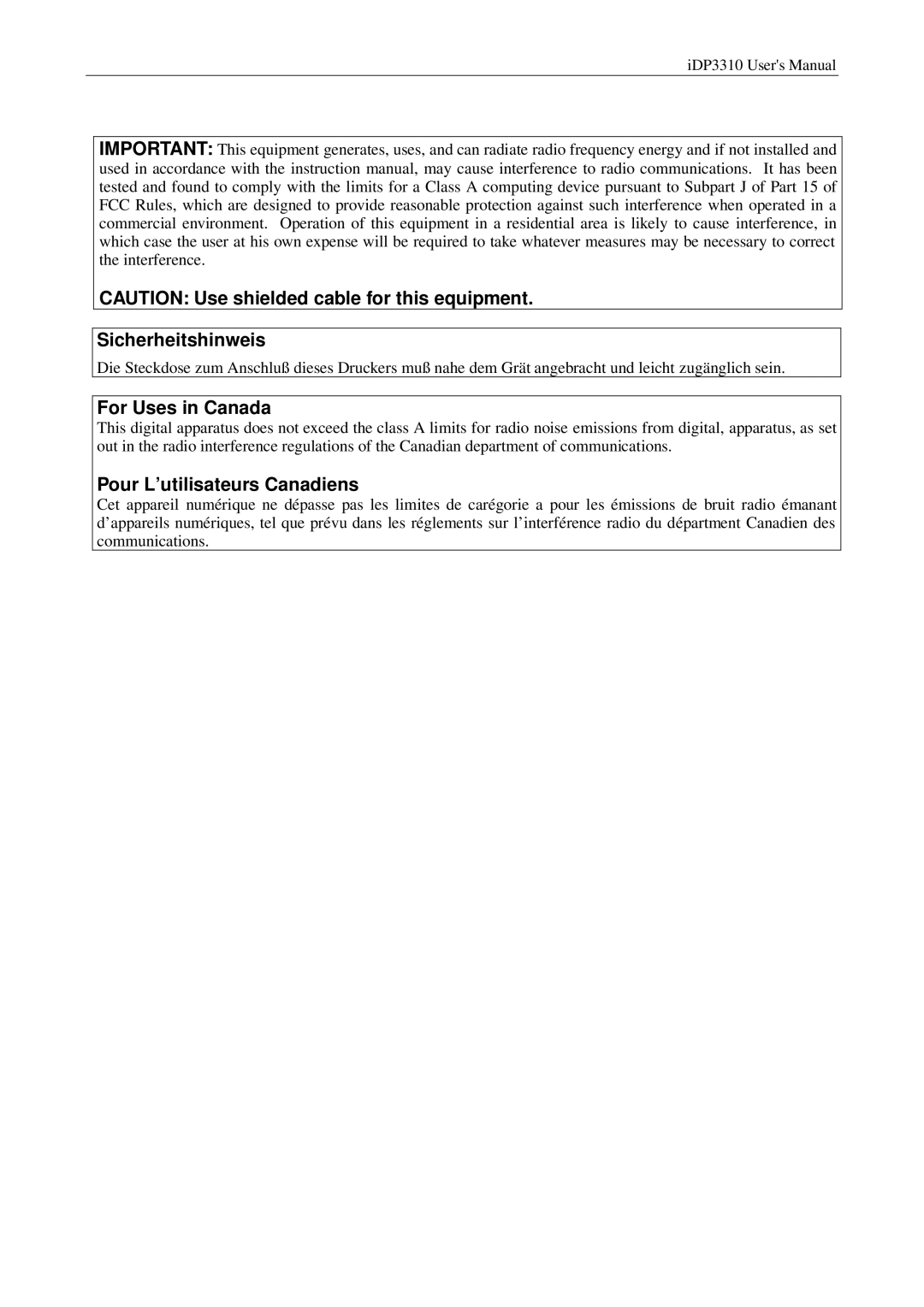 Citizen iDP3310 manual Sicherheitshinweis 