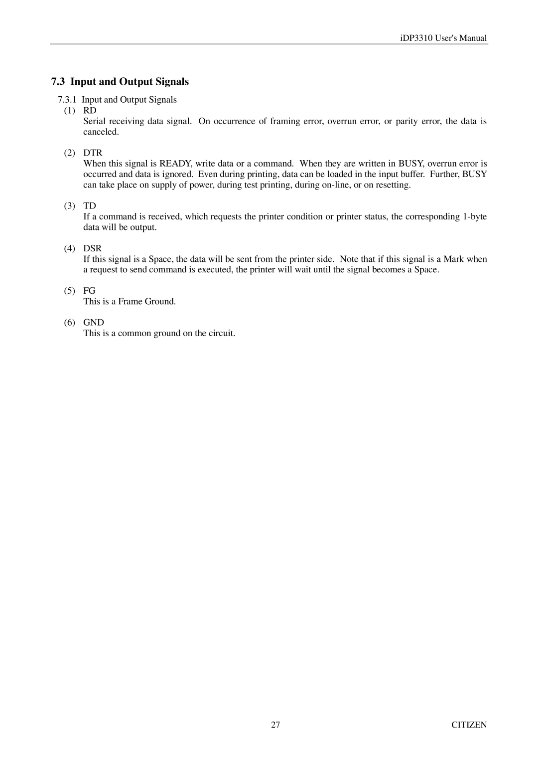 Citizen iDP3310 manual Input and Output Signals 