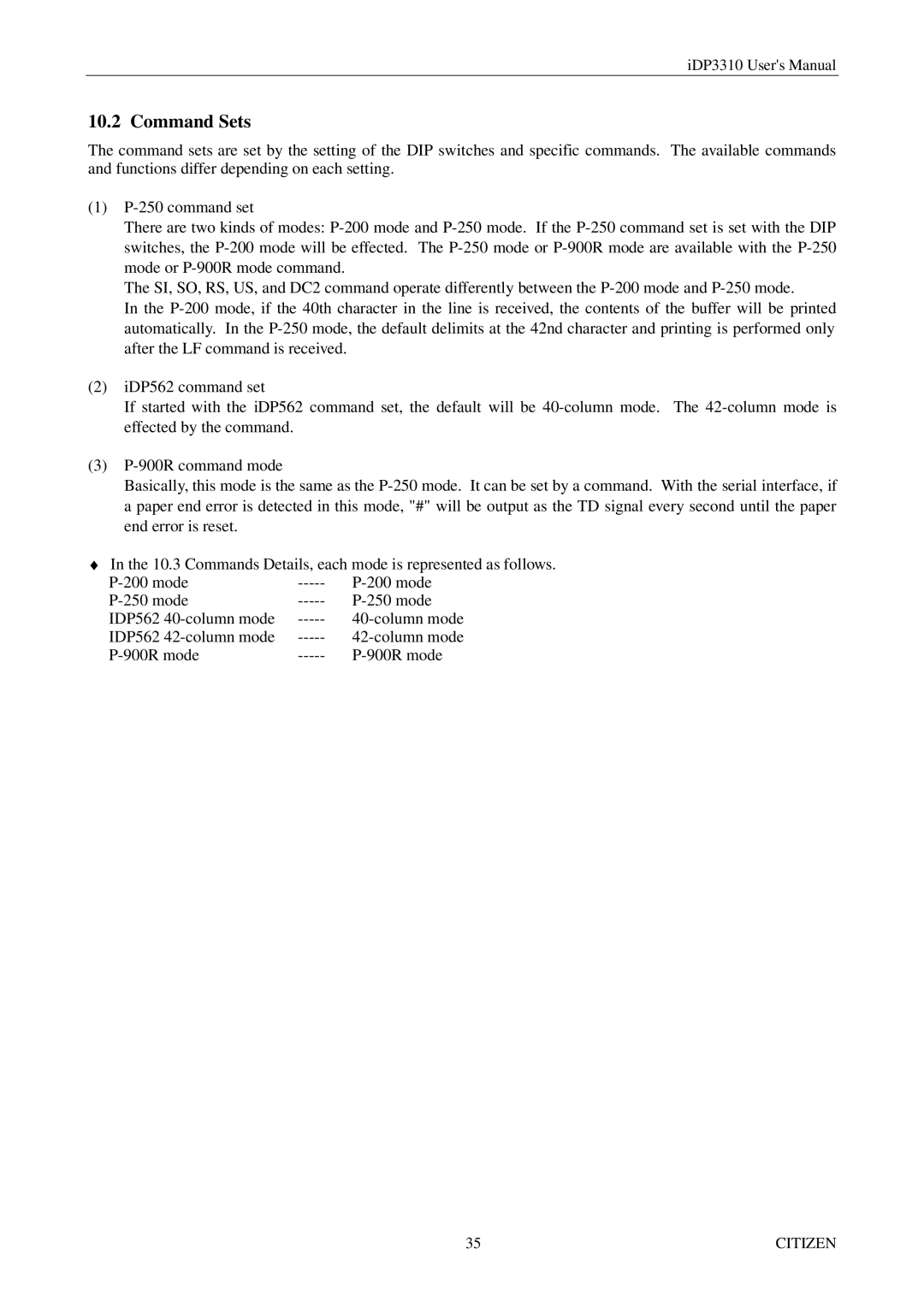 Citizen iDP3310 manual Command Sets 