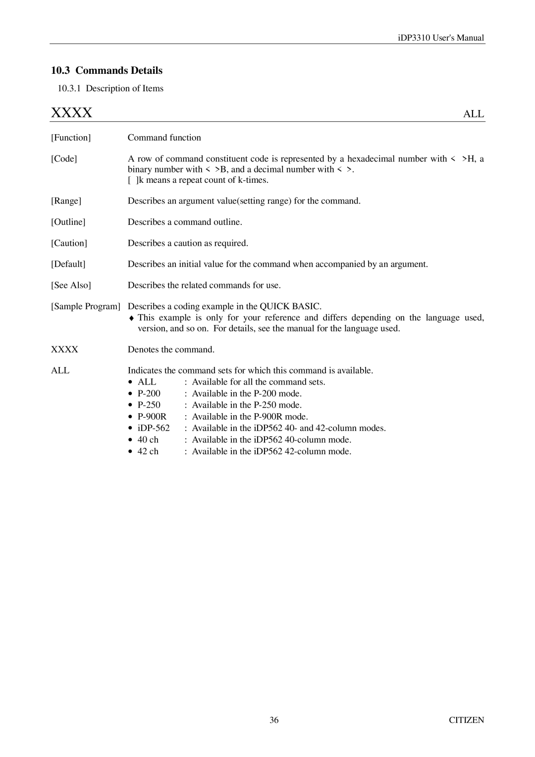 Citizen iDP3310 manual Xxxx, Commands Details 