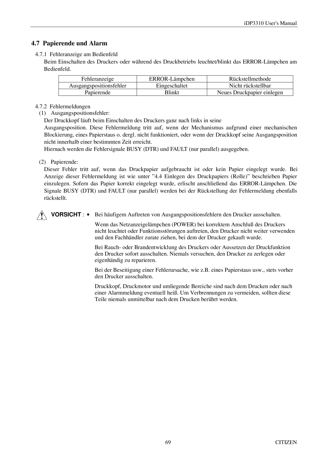 Citizen iDP3310 manual Papierende und Alarm 