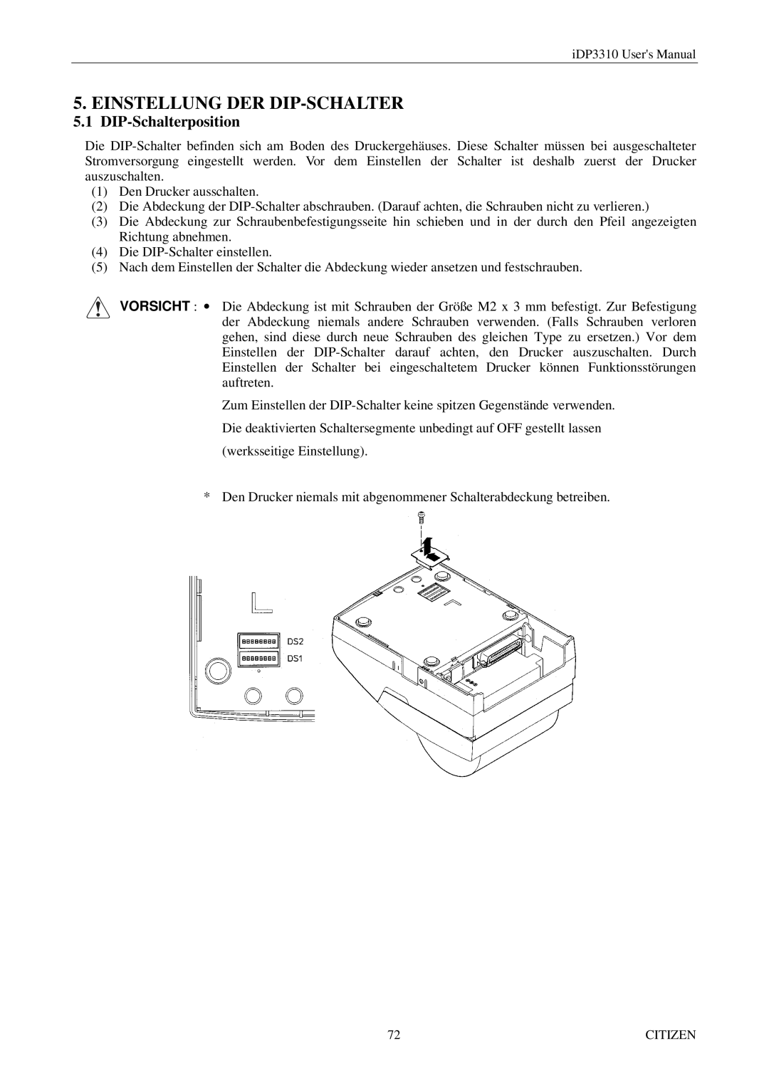 Citizen iDP3310 manual Einstellung DER DIP-SCHALTER, DIP-Schalterposition 