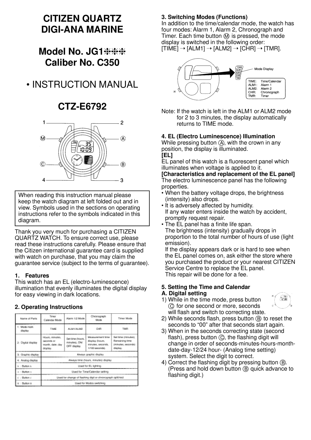 Citizen JG1 instruction manual Features, Operating Instructions Switching Modes Functions 