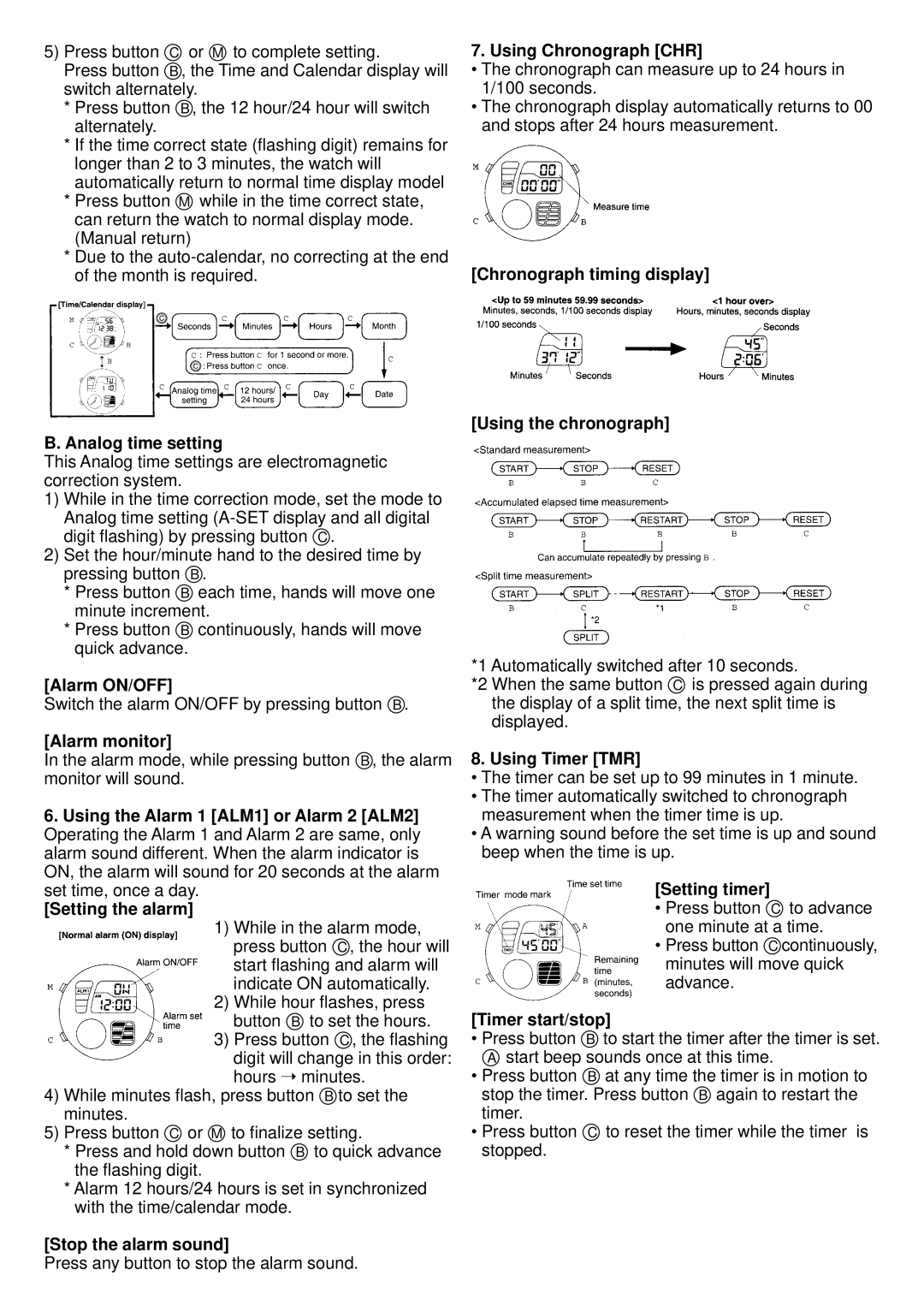 Citizen JG1 Analog time setting, Alarm ON/OFF, Alarm monitor, Stop the alarm sound, Using Chronograph CHR, Using Timer TMR 