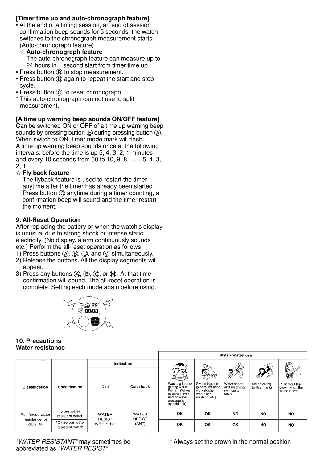 Citizen JG1 Timer time up and auto-chronograph feature, Auto-chronograph feature, Fly back feature, All-Reset Operation 