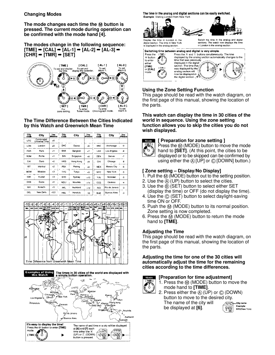 Citizen JNOXXX instruction manual Using the Zone Setting Function, Zone setting Display/No Display, Adjusting the Time 