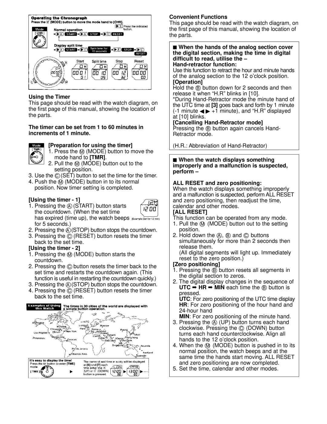 Citizen JNOXXX instruction manual Using the Timer, Convenient Functions, Zero positioning 