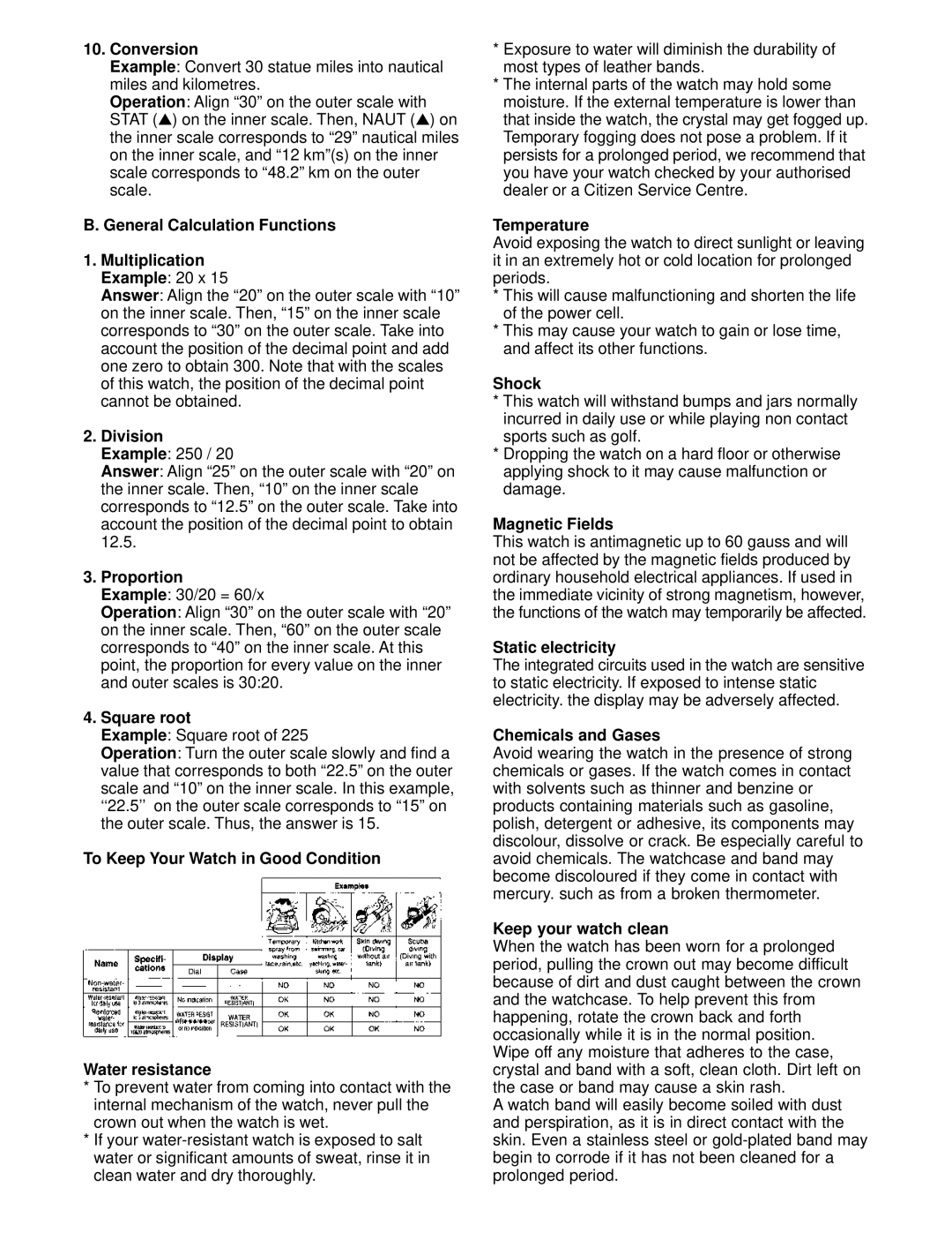 Citizen JNOXXX Conversion, General Calculation Functions Multiplication Example 20 x, Division Example 250, Proportion 