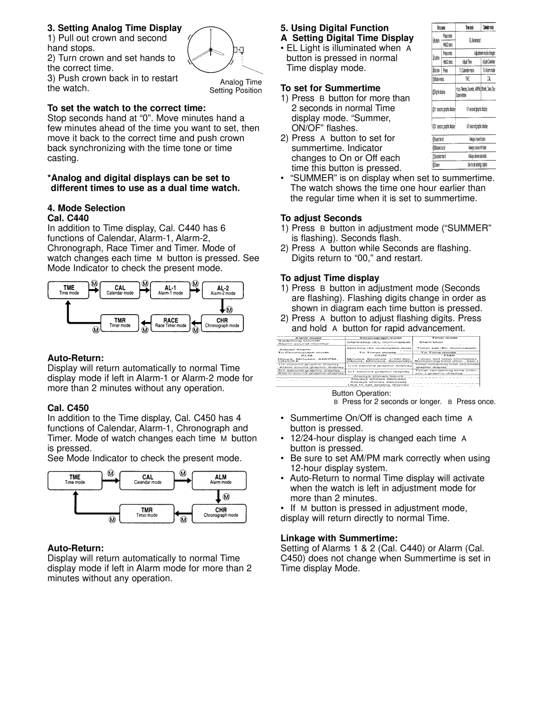 Citizen JQ7XXX Setting Analog Time Display, Using Digital Function Setting Digital Time Display, Mode Selection Cal. C440 