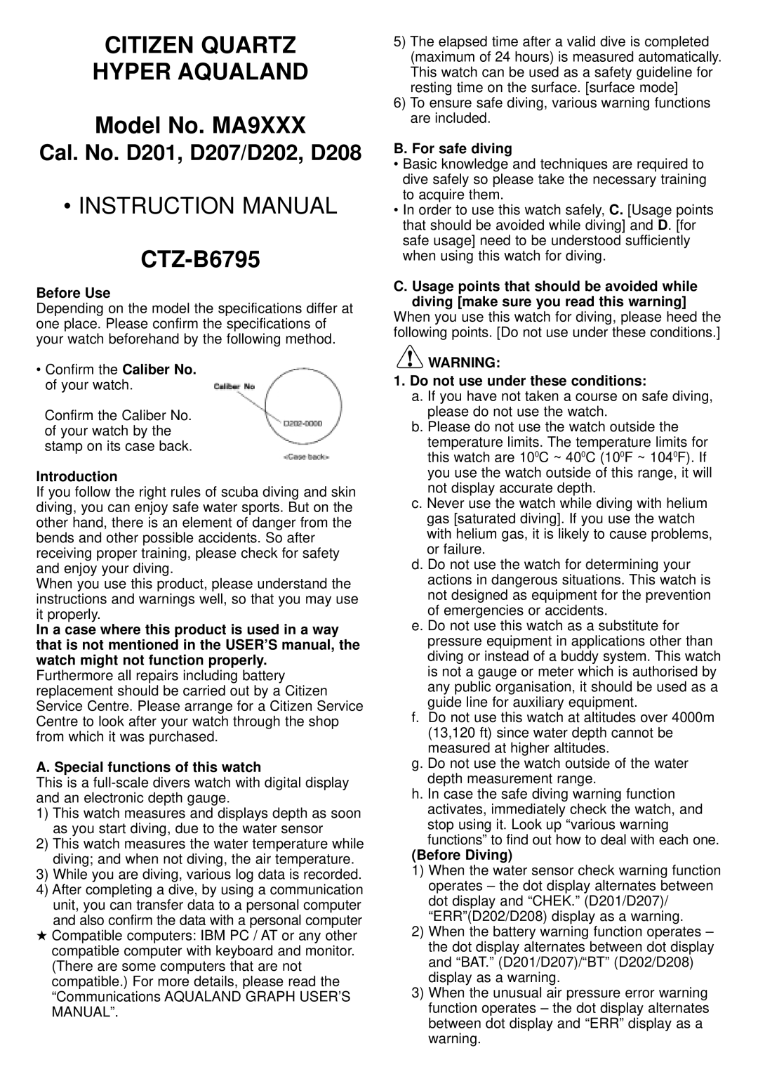 Citizen MA9XXX instruction manual Before Use, Introduction, Special functions of this watch, For safe diving 