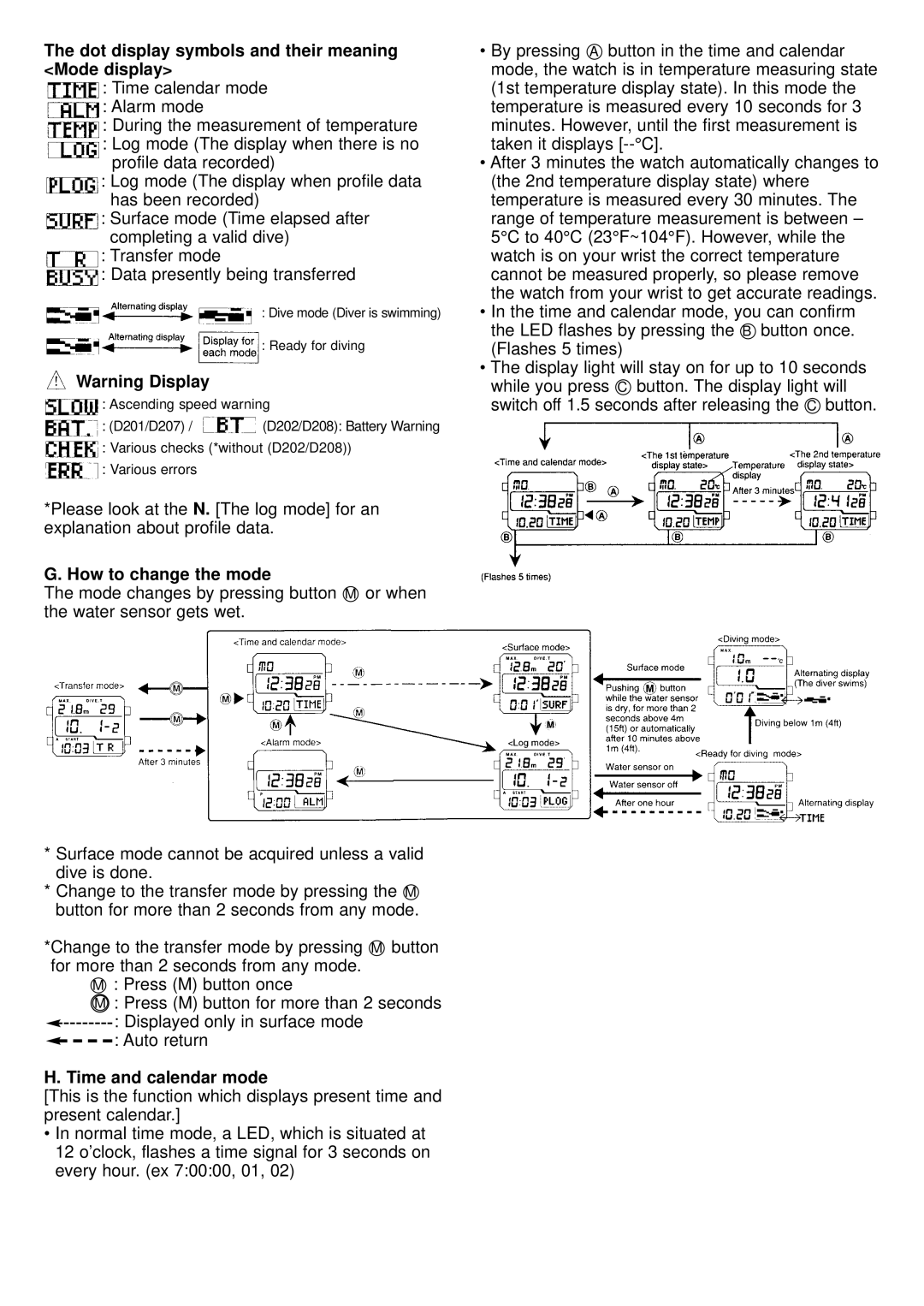 Citizen MA9XXX Dot display symbols and their meaning Mode display, How to change the mode, Time and calendar mode 