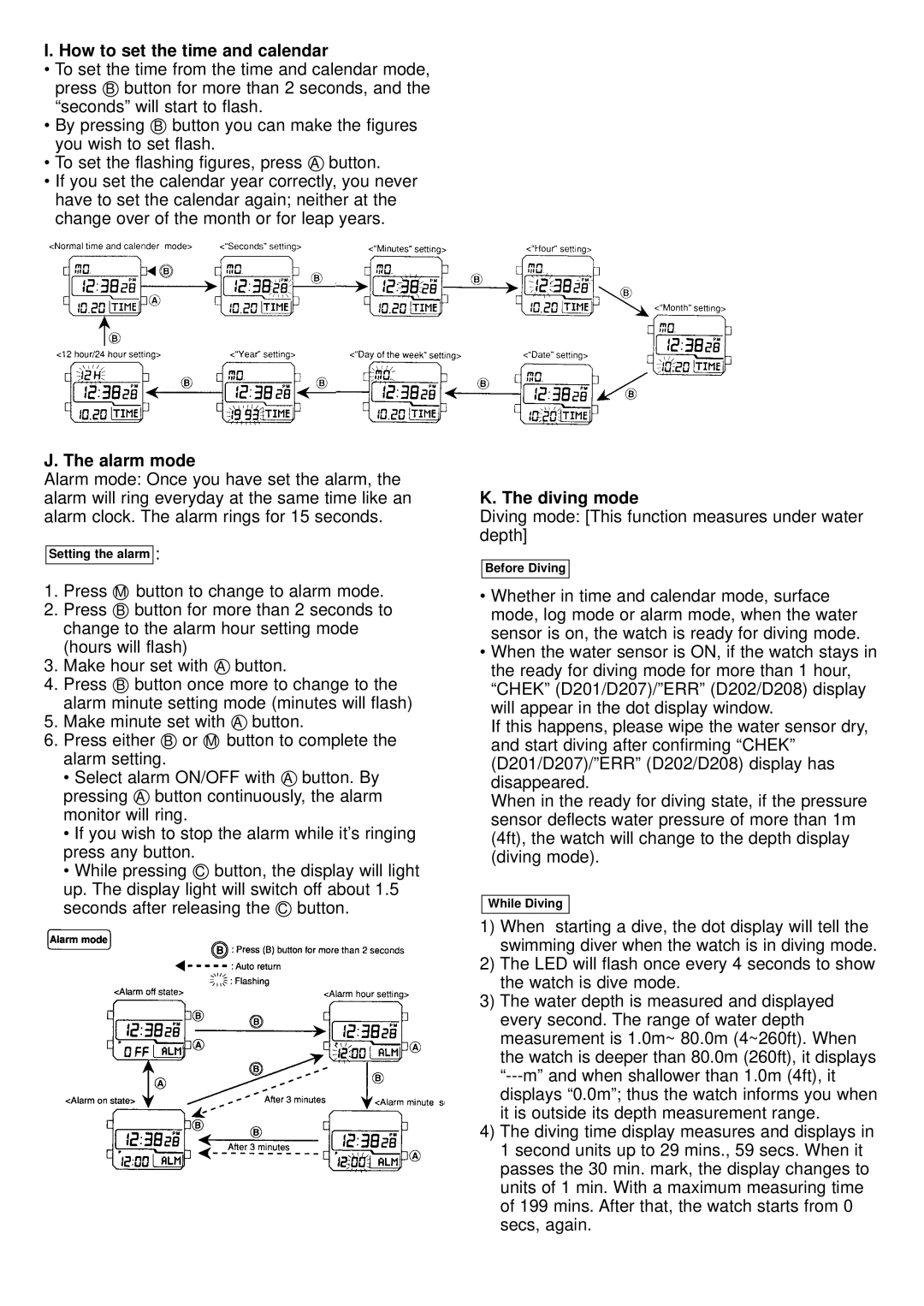 Citizen MA9XXX instruction manual How to set the time and calendar, Alarm mode, Diving mode 