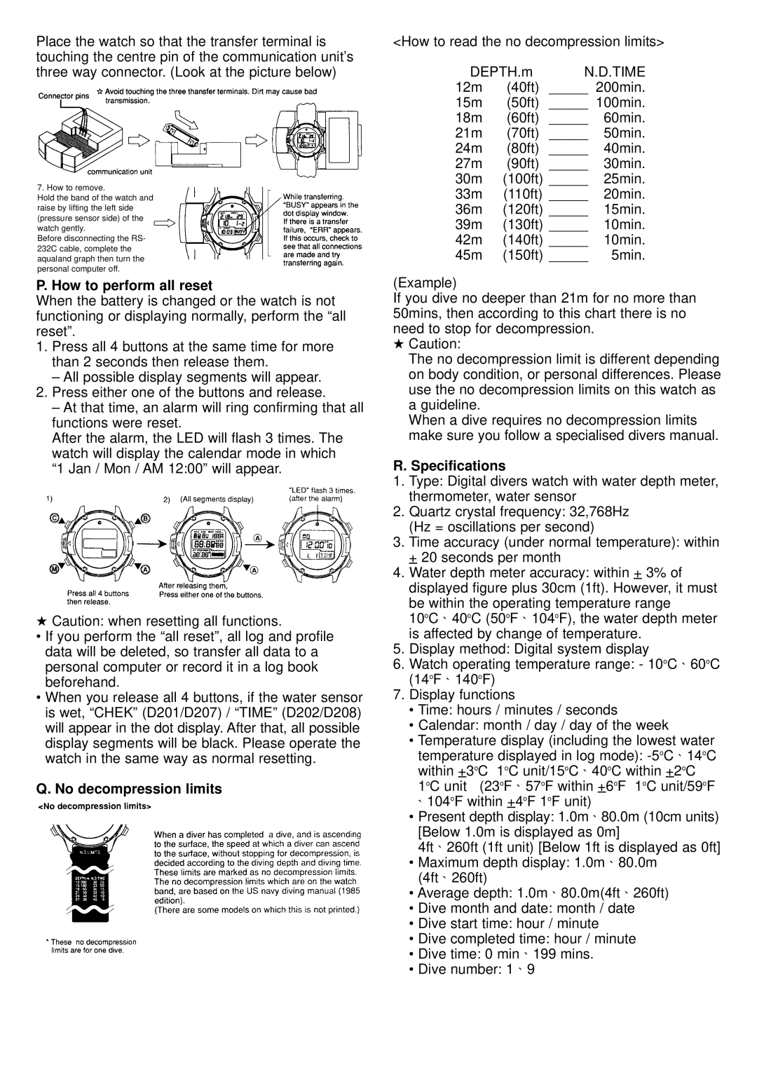 Citizen MA9XXX instruction manual How to perform all reset, No decompression limits, Specifications 