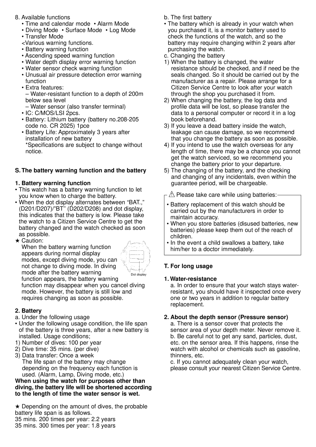 Citizen MA9XXX instruction manual Battery warning function and the battery, For long usage Water-resistance 