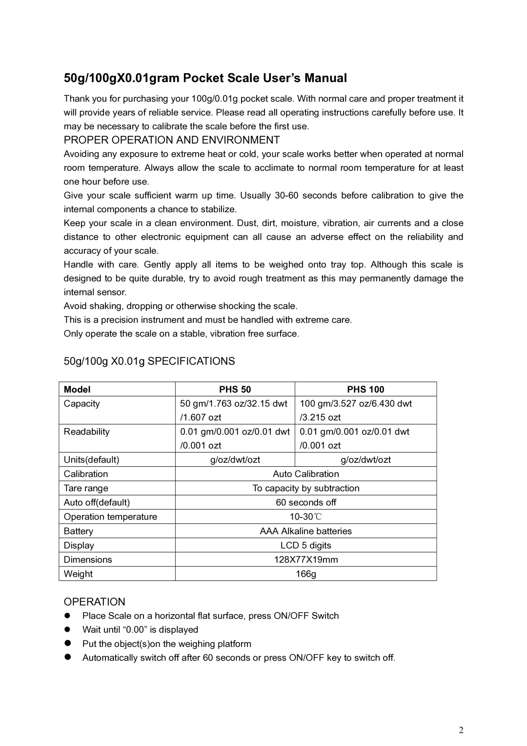 Citizen PHS 100, PHS 50 manual Proper Operation and Environment 