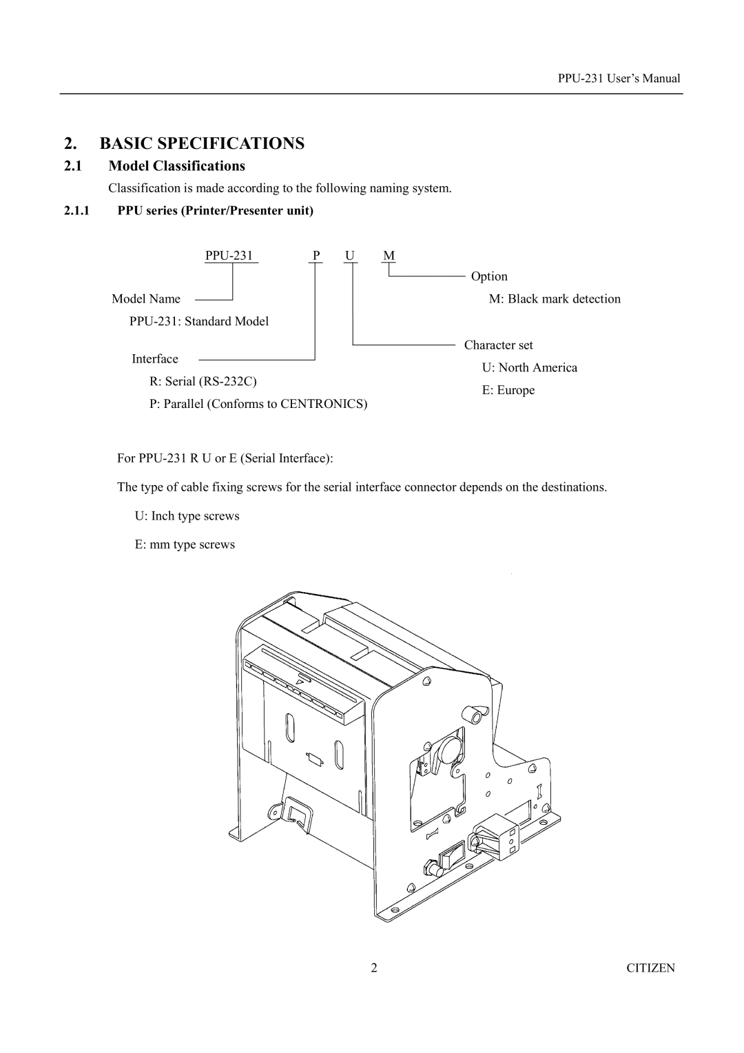 Citizen PPU-231 manual Basic Specifications, Model Classifications, PPU series Printer/Presenter unit 