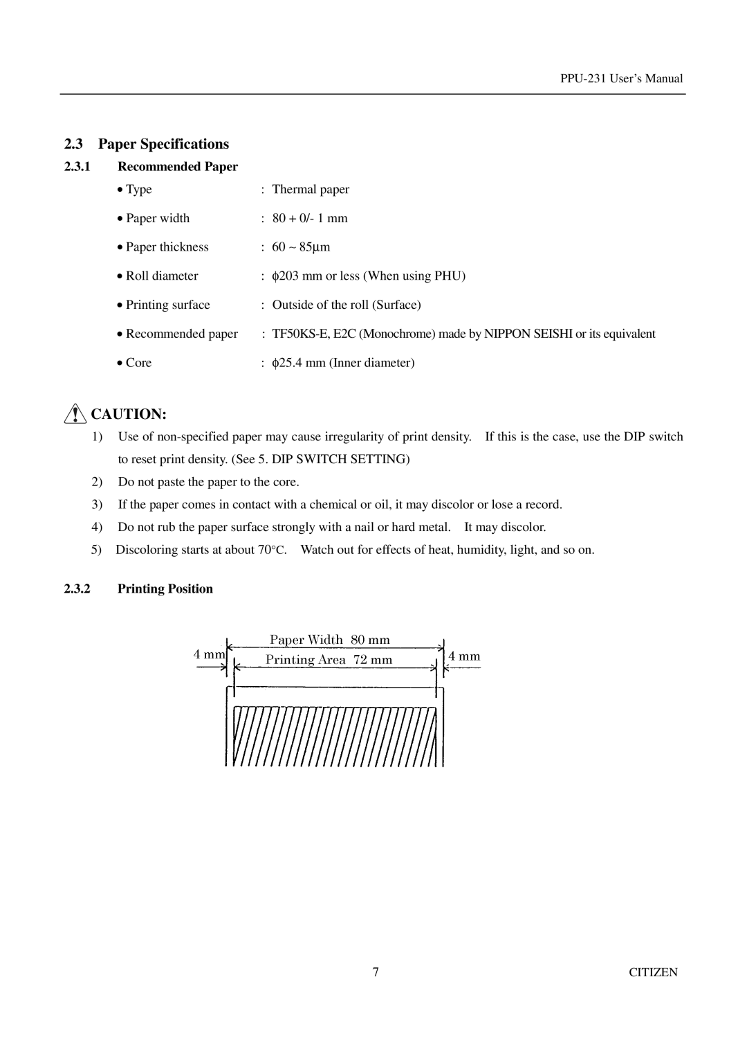 Citizen PPU-231 manual Paper Specifications, Recommended Paper, Printing Position 