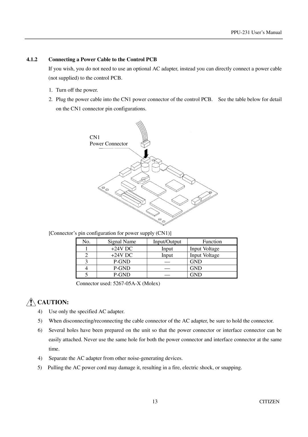 Citizen PPU-231 manual Connecting a Power Cable to the Control PCB, CN1, Gnd 