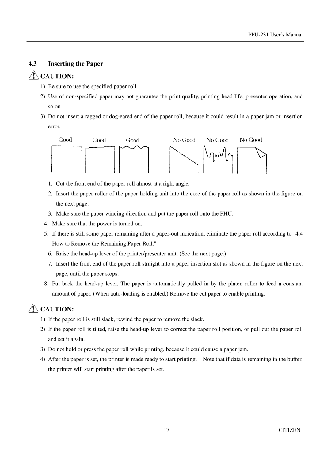 Citizen PPU-231 manual Inserting the Paper 