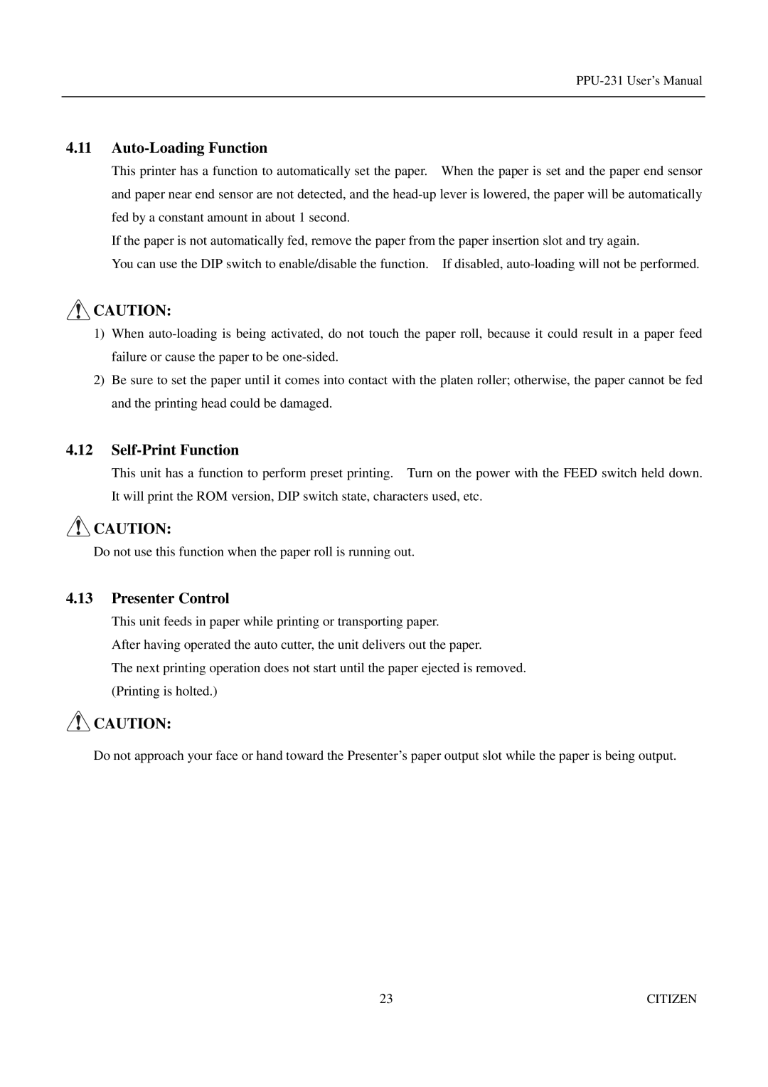 Citizen PPU-231 manual Auto-Loading Function, Self-Print Function, Presenter Control 