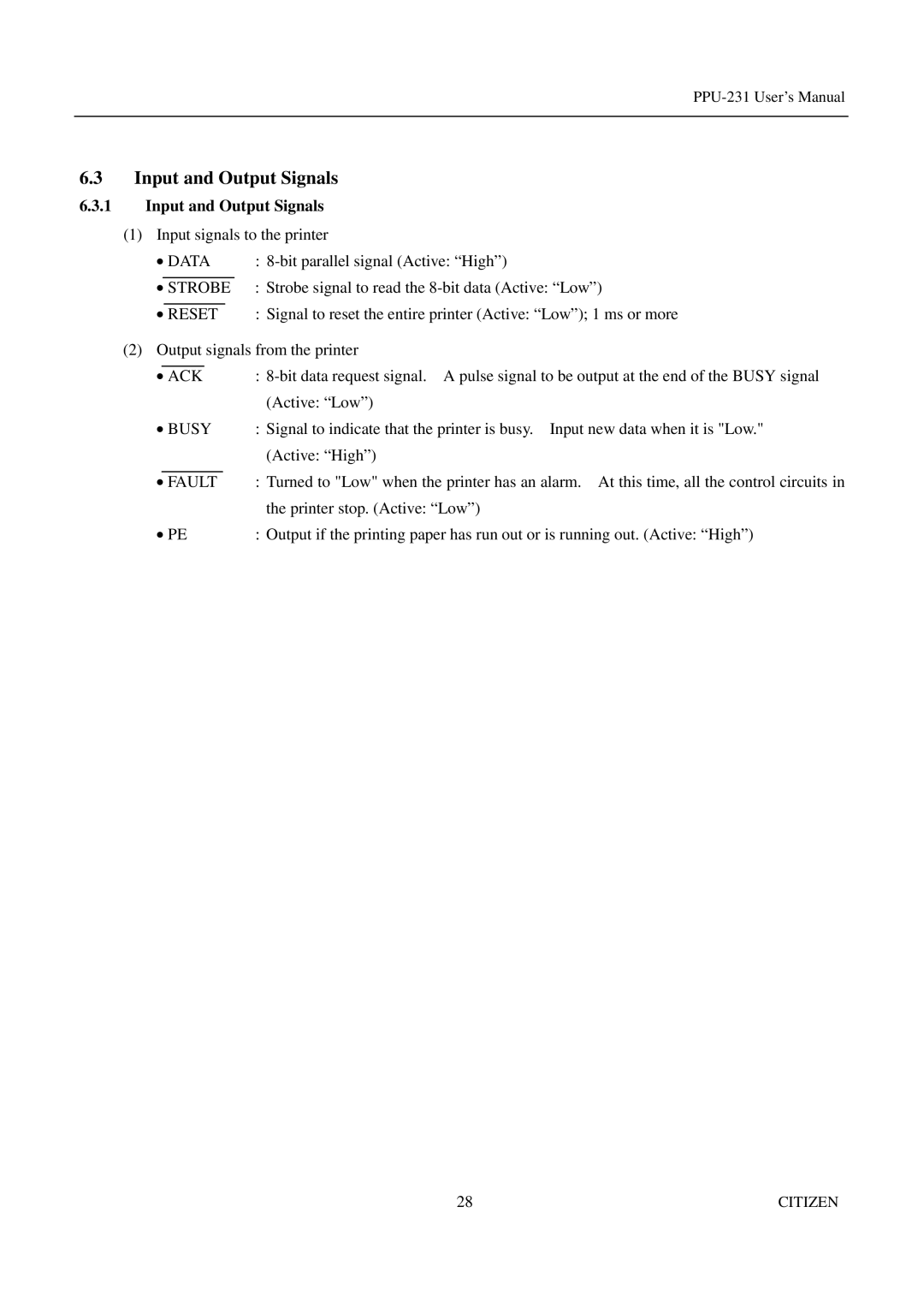 Citizen PPU-231 manual Input and Output Signals, Strobe 