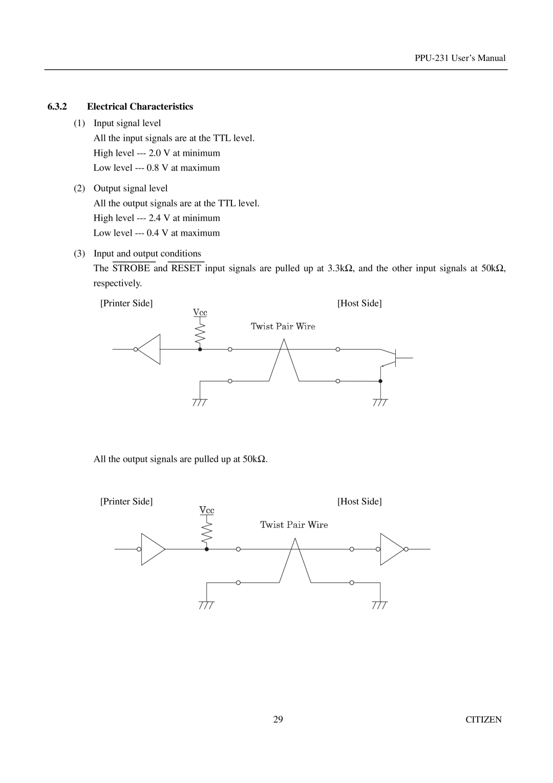 Citizen PPU-231 manual Electrical Characteristics 