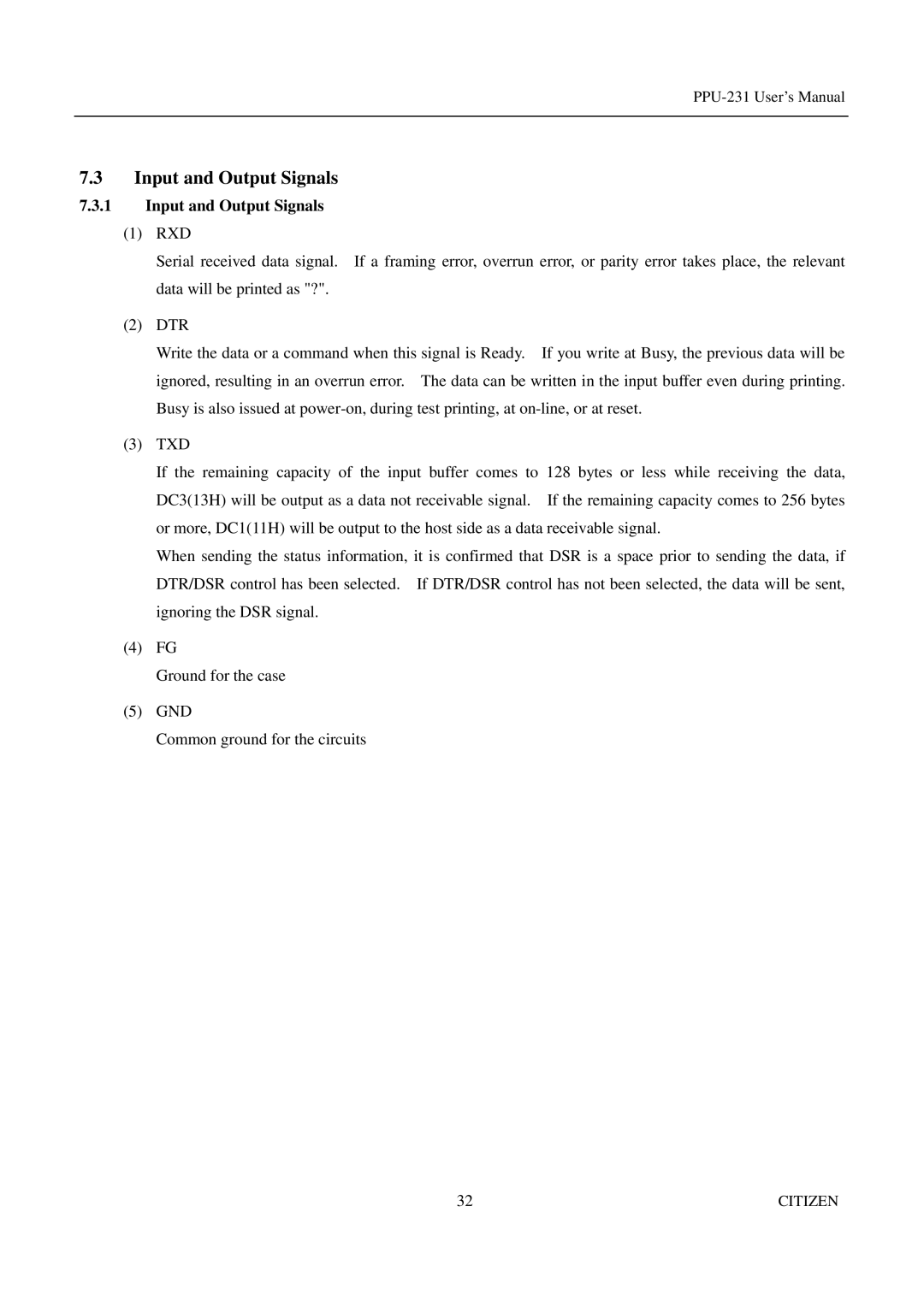 Citizen PPU-231 manual Input and Output Signals 