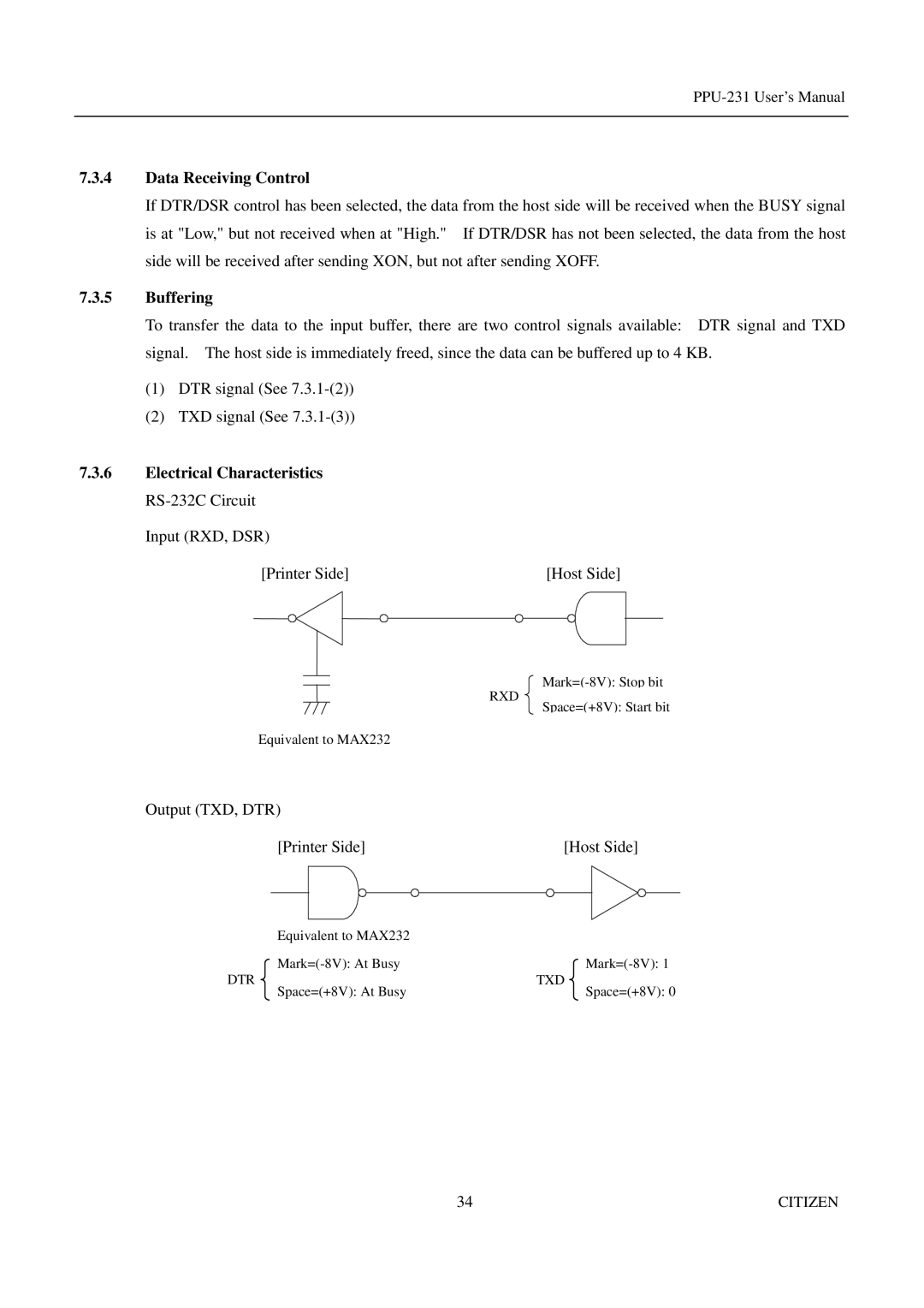 Citizen PPU-231 manual Electrical Characteristics RS-232C Circuit, Output TXD, DTR Printer Side 