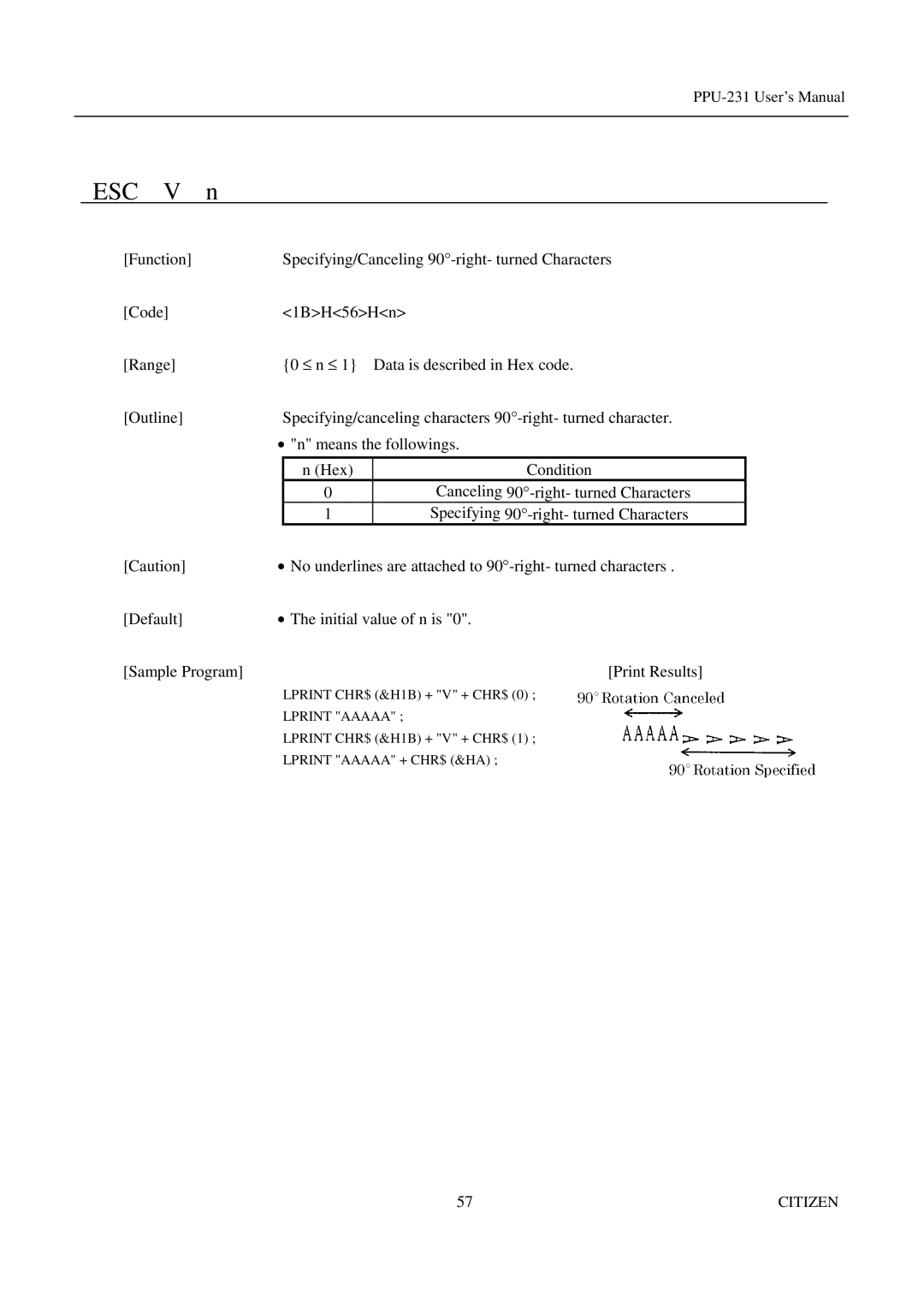 Citizen PPU-231 manual Condition Canceling 90-right- turned Characters 