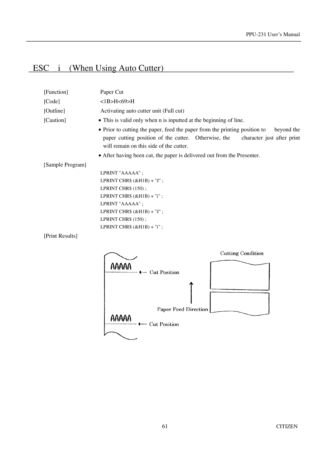 Citizen PPU-231 manual ESC When Using Auto Cutter 