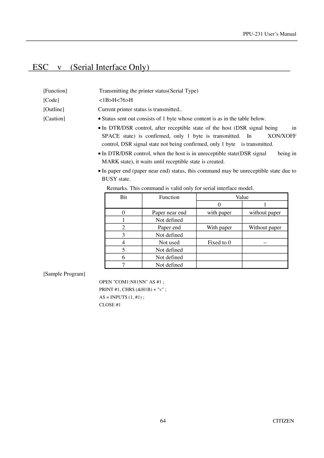 Citizen PPU-231 manual ESC Serial Interface Only, Xon/Xoff 