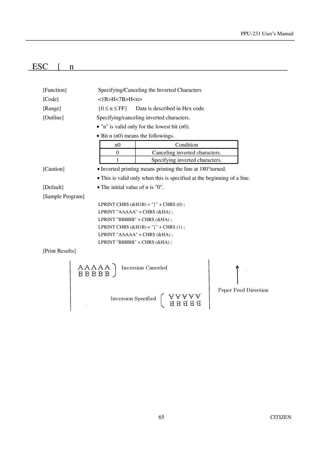 Citizen PPU-231 manual Inverted printing means printing the line at 180turned 