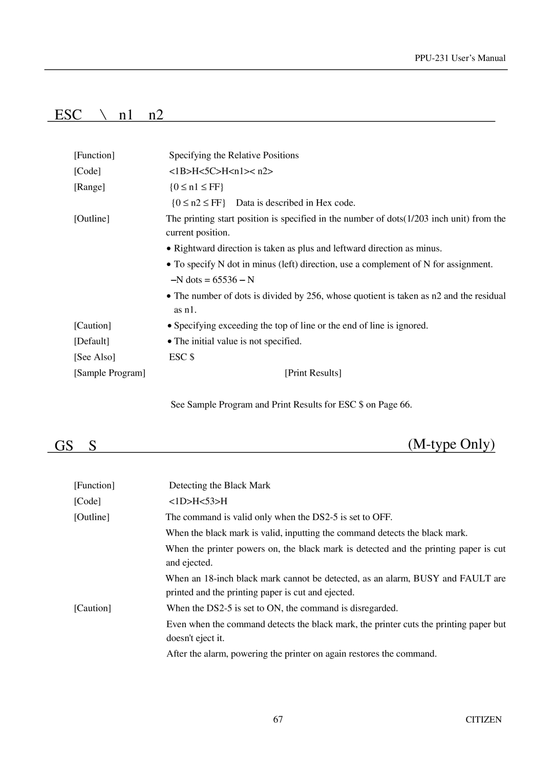 Citizen PPU-231 manual Type Only, Esc $ 