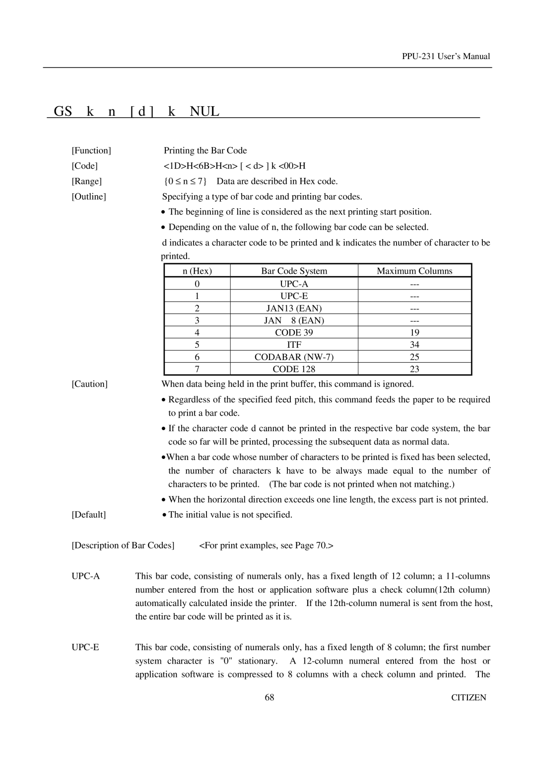 Citizen PPU-231 manual GS k n, UPC-A UPC-E JAN13 EAN JAN 8 EAN Code, Codabar NW-7, Upc-A 