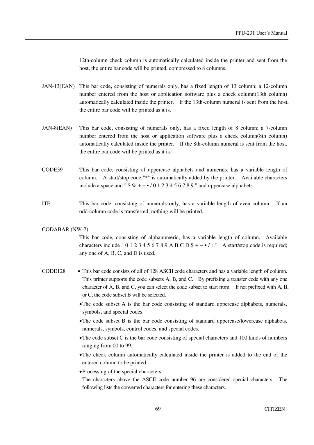 Citizen PPU-231 manual JAN-13EAN, JAN-8EAN, CODE39, Itf 