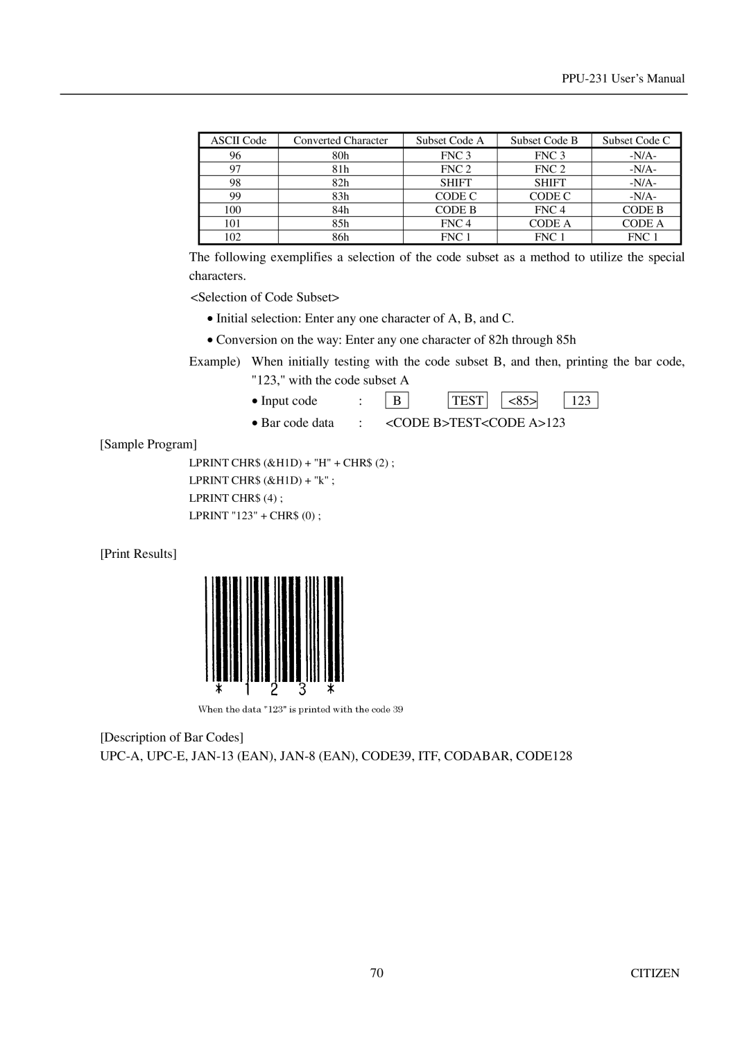 Citizen PPU-231 manual Test, Code Btestcode A123 