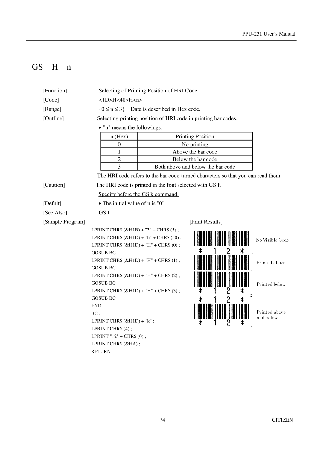 Citizen PPU-231 manual Specify before the GS k command 