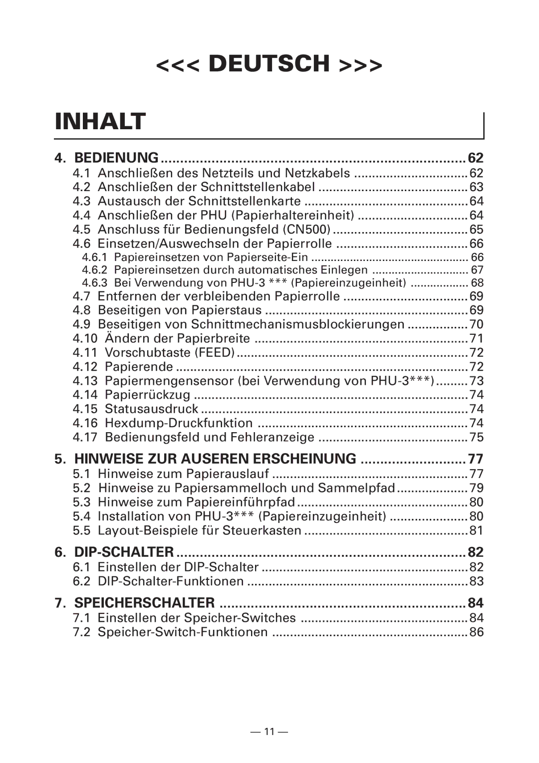 Citizen PPU-700 user manual Inhalt, Bedienung 