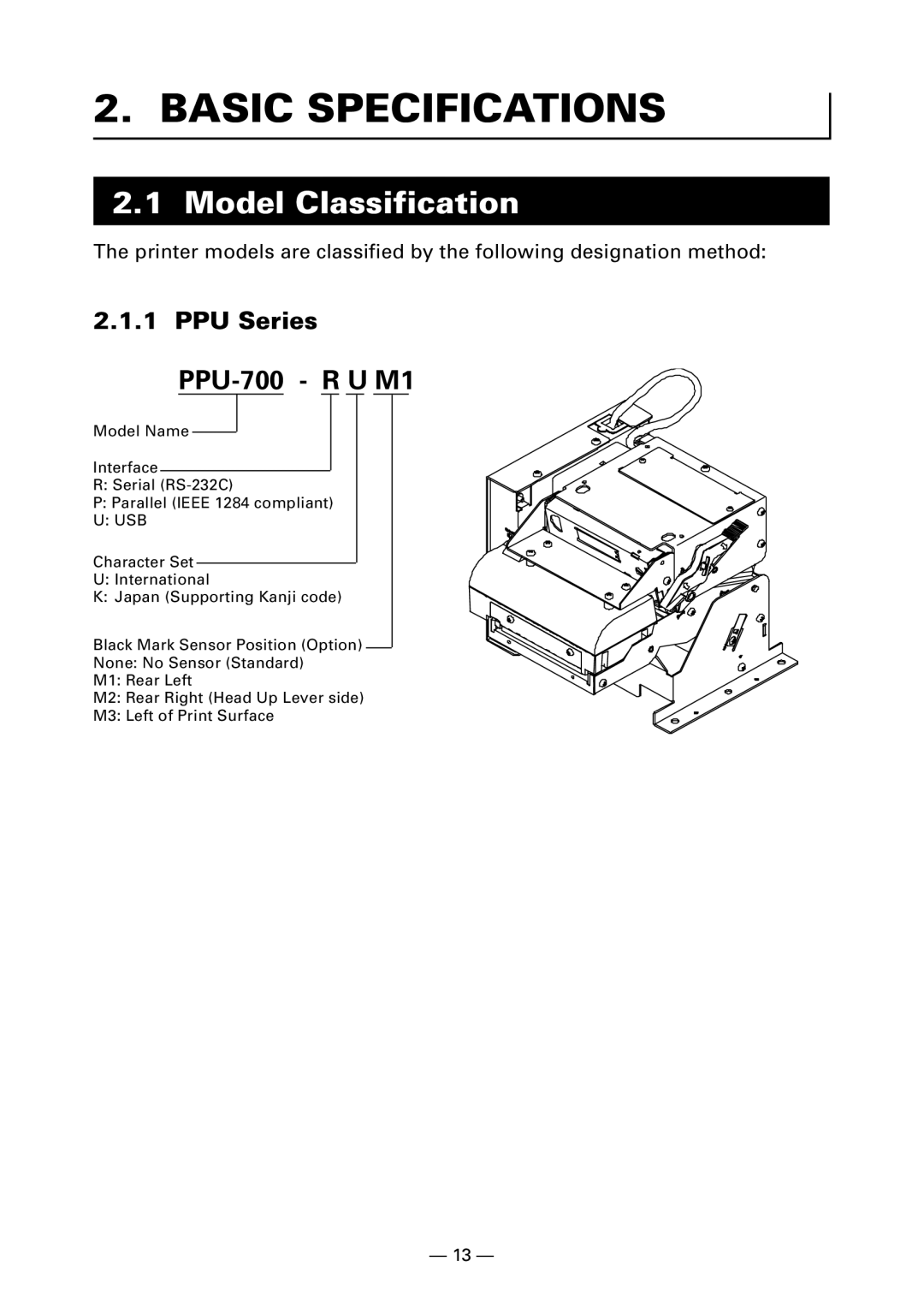 Citizen PPU-700 user manual Basic Specifications, Model Classification, PPU Series 