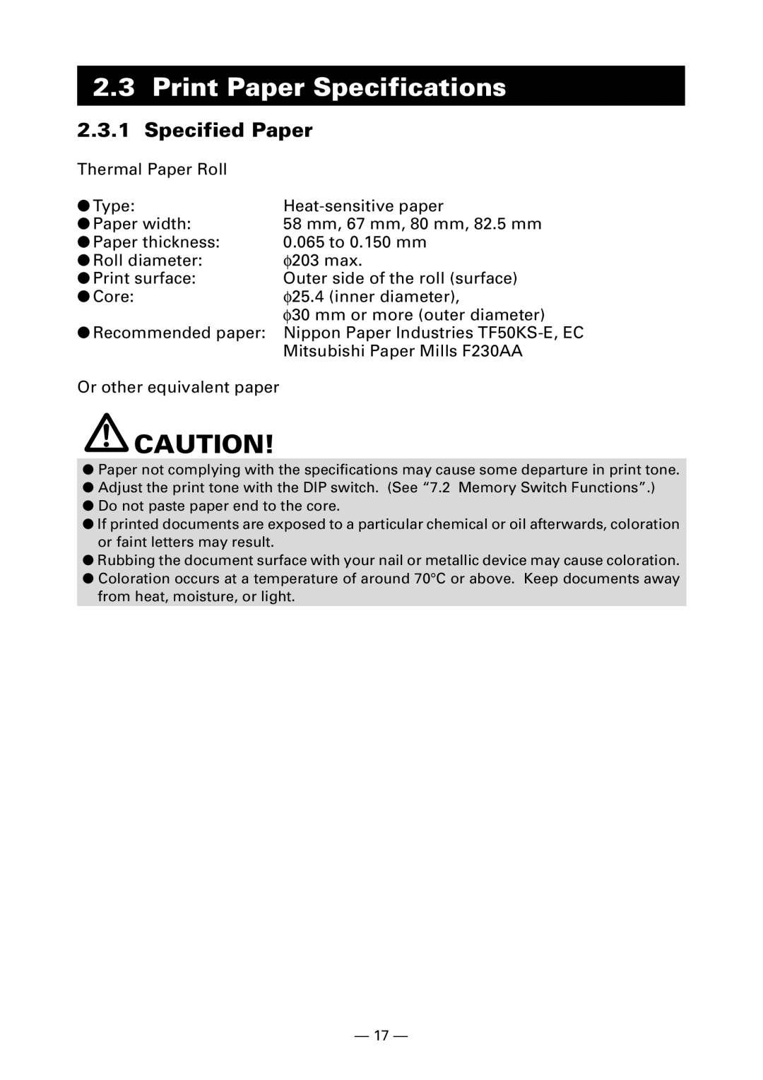 Citizen PPU-700 user manual Print Paper Specifications, Specified Paper 