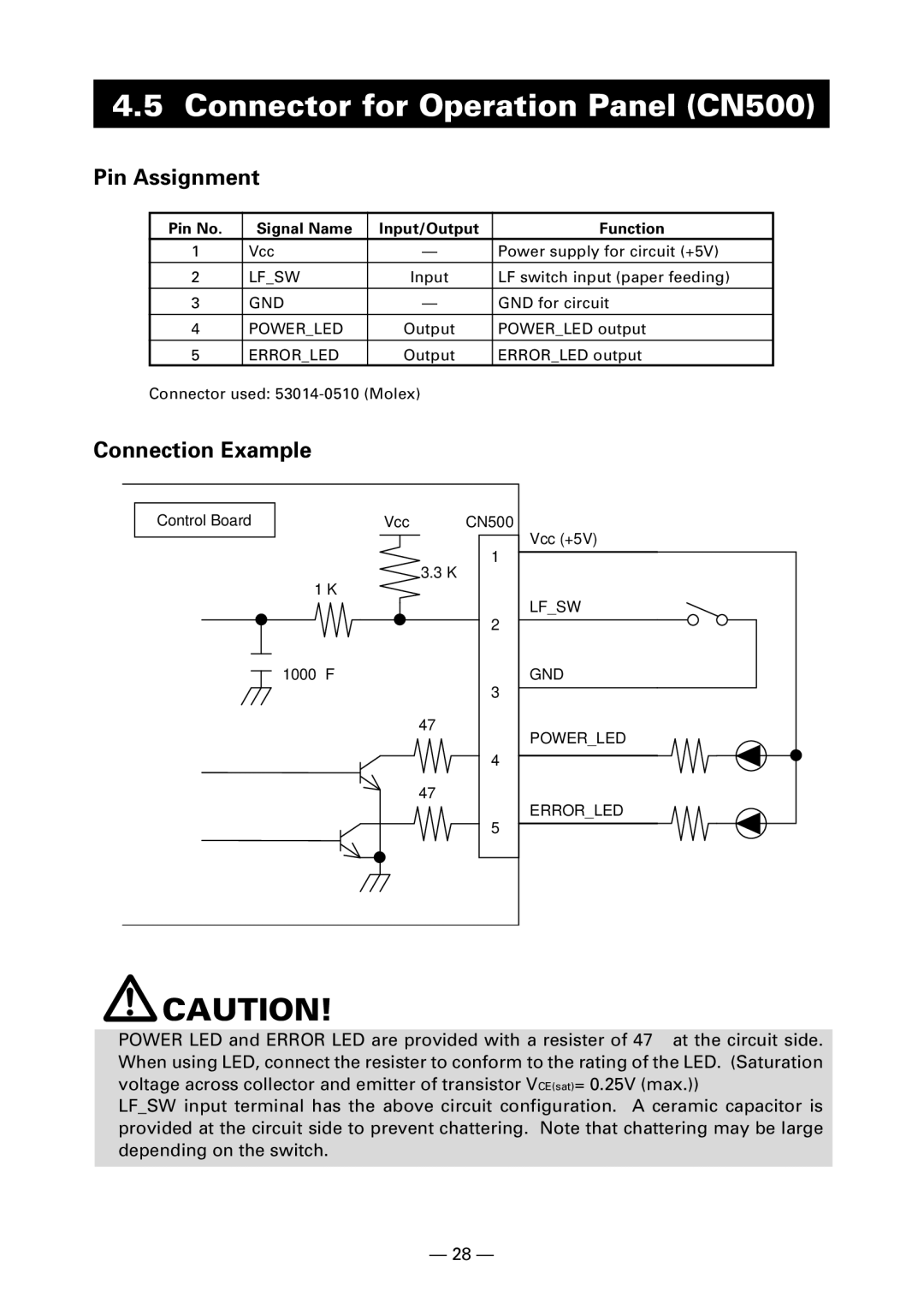 Citizen PPU-700 user manual Connector for Operation Panel CN500, Pin Assignment 