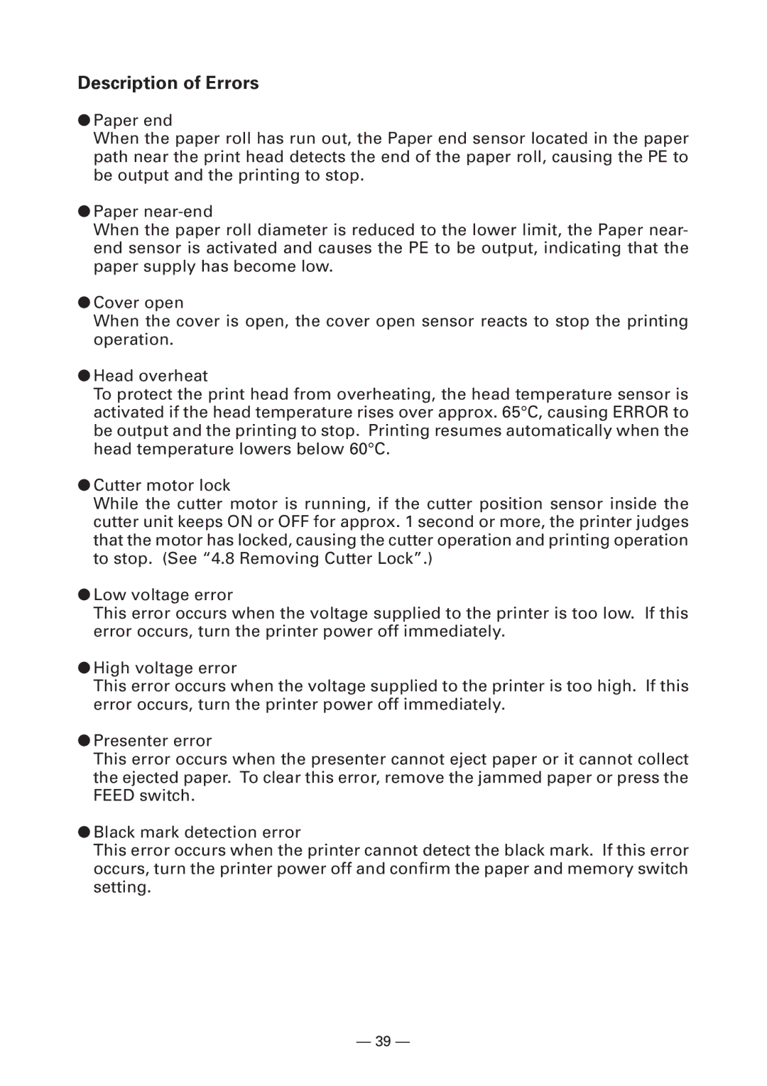 Citizen PPU-700 user manual Description of Errors 