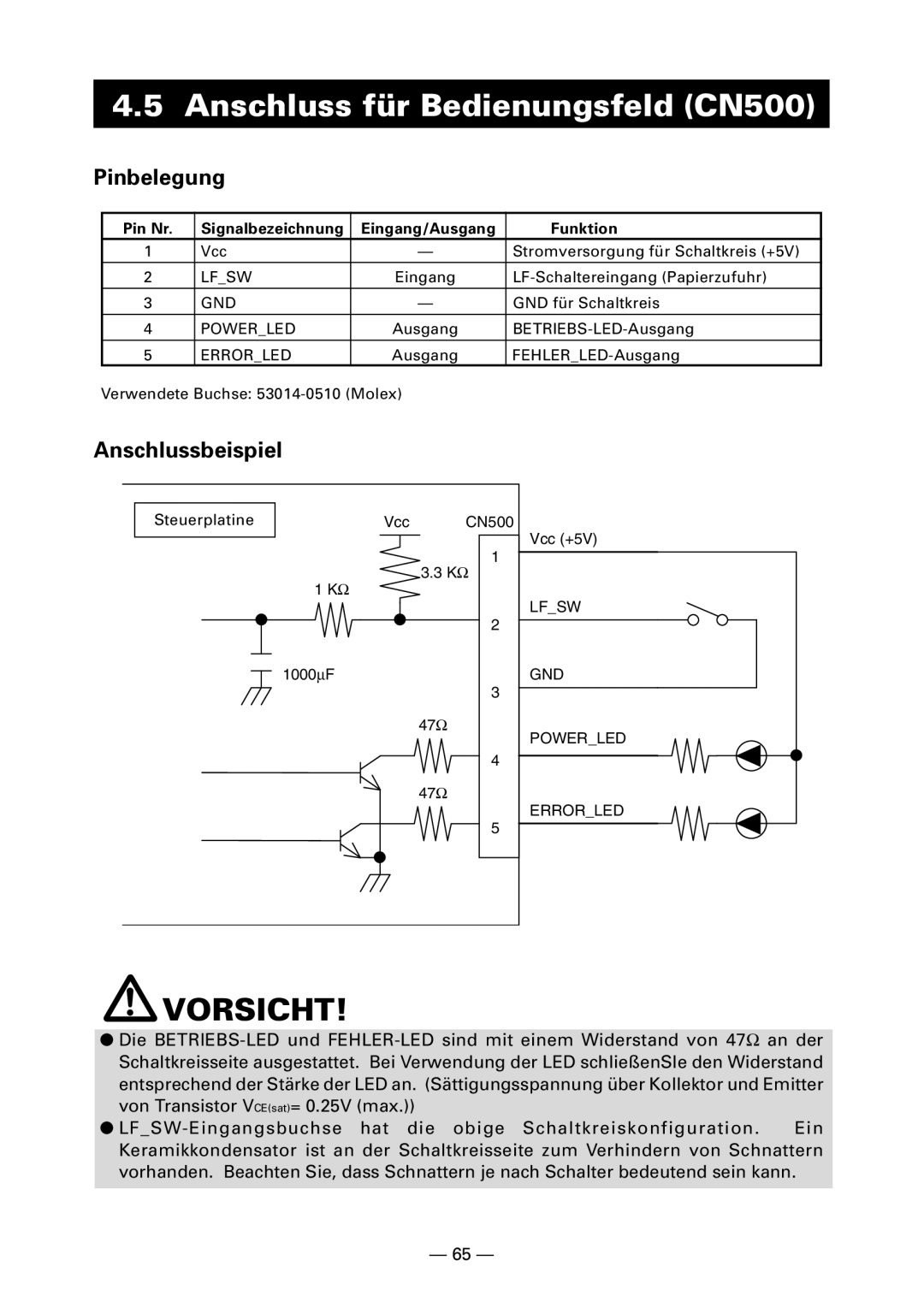 Citizen PPU-700 user manual Anschluss für Bedienungsfeld CN500, Pinbelegung 