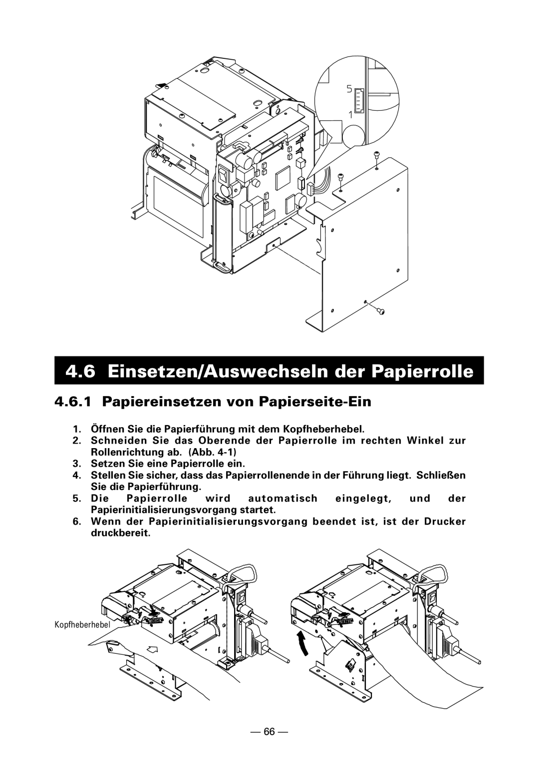 Citizen PPU-700 user manual Einsetzen/Auswechseln der Papierrolle, Papiereinsetzen von Papierseite-Ein 