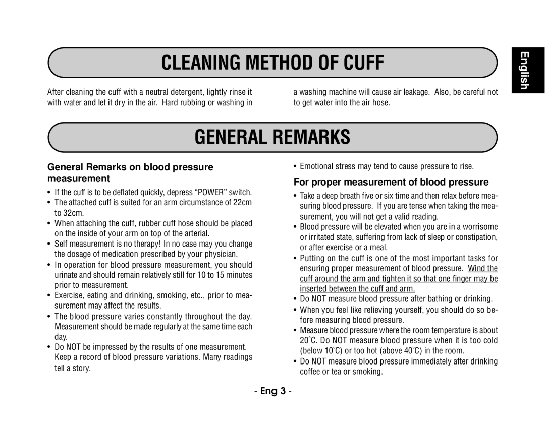 Citizen REF CH-302B instruction manual Cleaning Method of Cuff, General Remarks on blood pressure measurement 