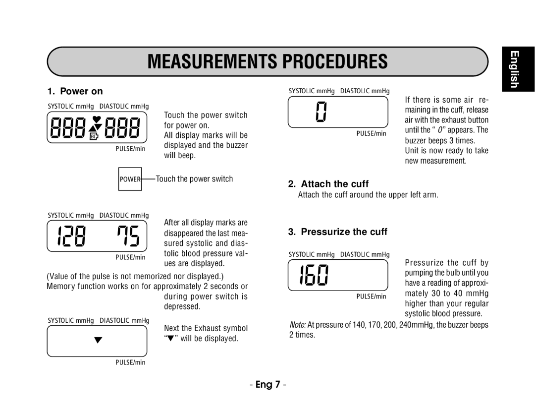 Citizen REF CH-302B instruction manual Measurements Procedures, Power on, Pressurize the cuff 